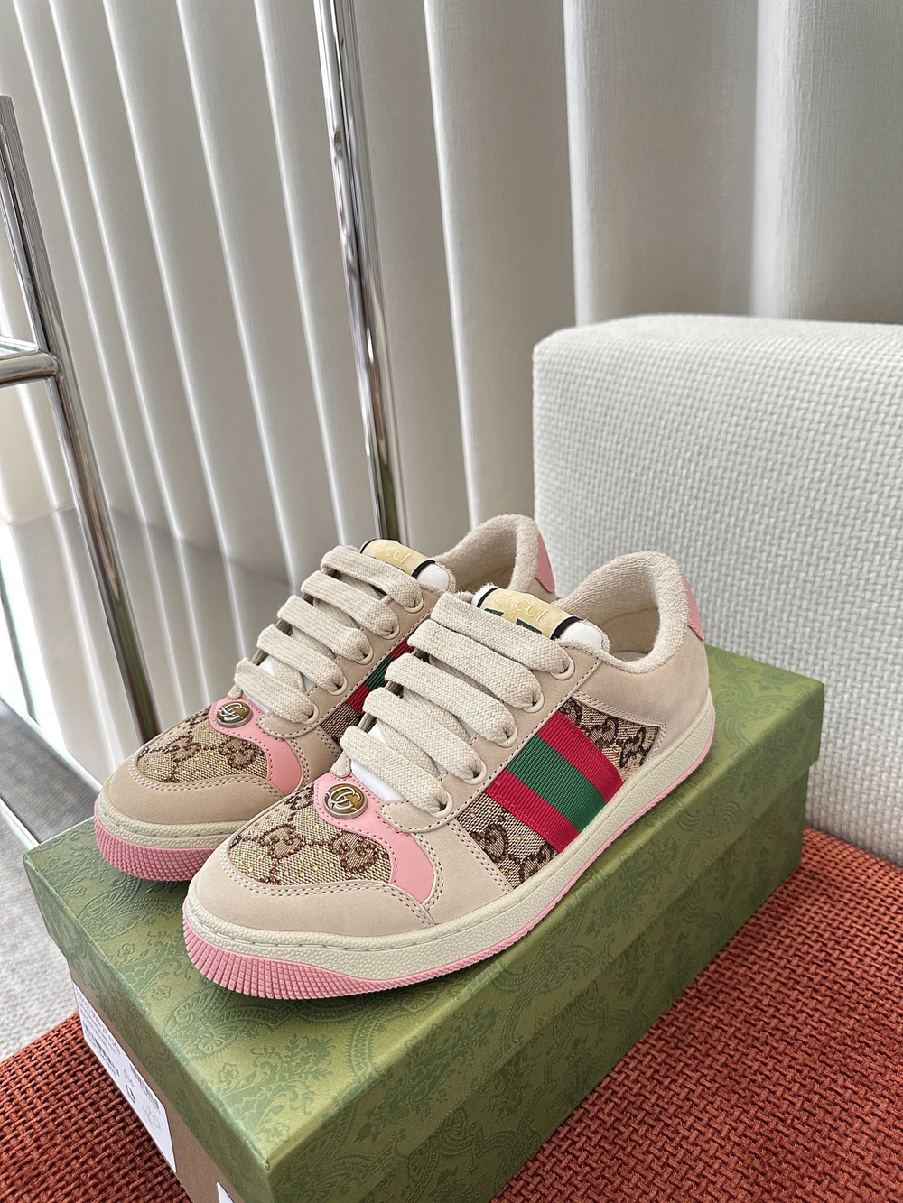 GUCCI GG Canvas Pink Web Stripe Low Top Sneakers